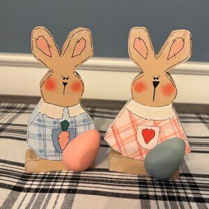 Vintage 90's Set of Hand Painted Wooden Easter Bunny Rabbit Figures ~ Folk Art